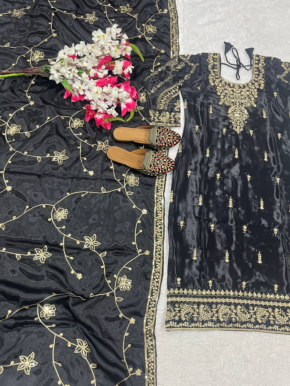 Marriage Wear Heavy Embroidery Sequence Work Black Color Salwar Suit Set