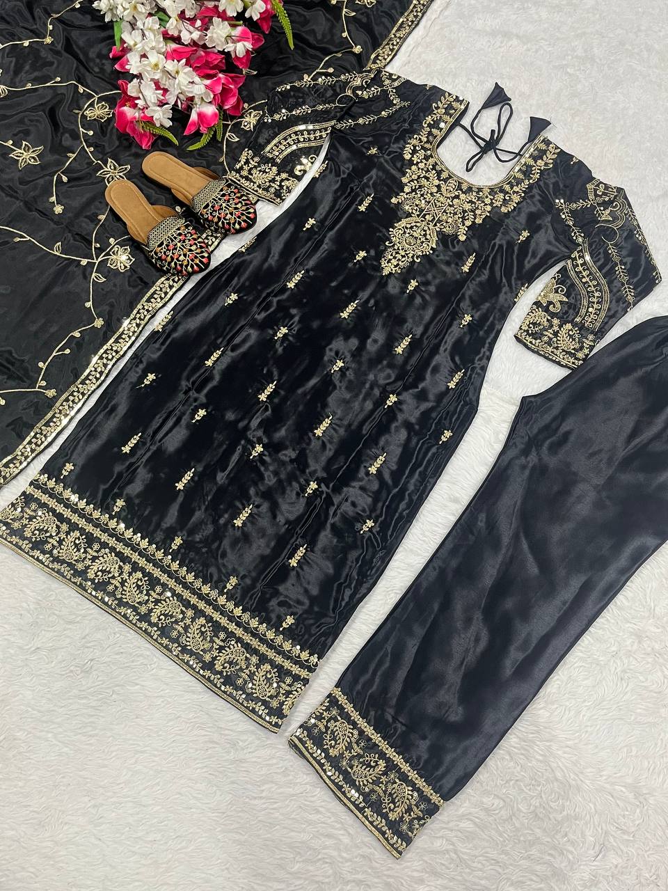 Marriage Wear Heavy Embroidery Sequence Work Black Color Salwar Suit Set