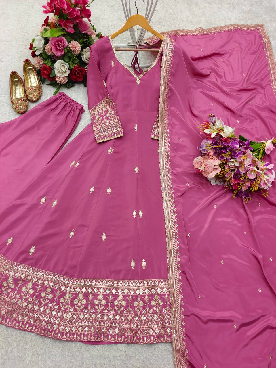 Beautiful Pink Color Pure Natural Crepe with Heavy Embroidery Sequence Work Anarkali Gown