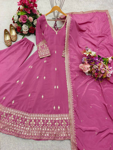 Beautiful Pink Color Pure Natural Crepe with Heavy Embroidery Sequence Work Anarkali Gown
