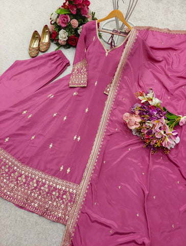 Beautiful Pink Color Pure Natural Crepe with Heavy Embroidery Sequence Work Anarkali Gown