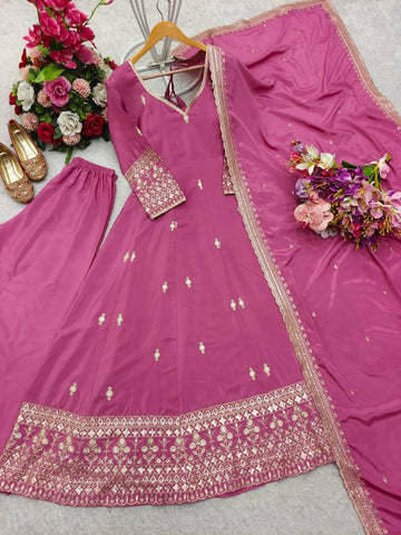 Beautiful Pink Color Pure Natural Crepe with Heavy Embroidery Sequence Work Anarkali Gown