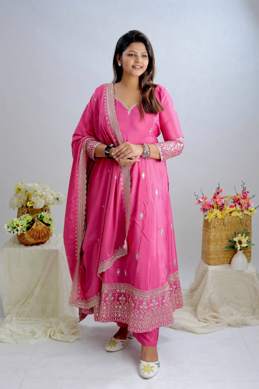 Beautiful Pink Color Pure Natural Crepe with Heavy Embroidery Sequence Work Anarkali Gown