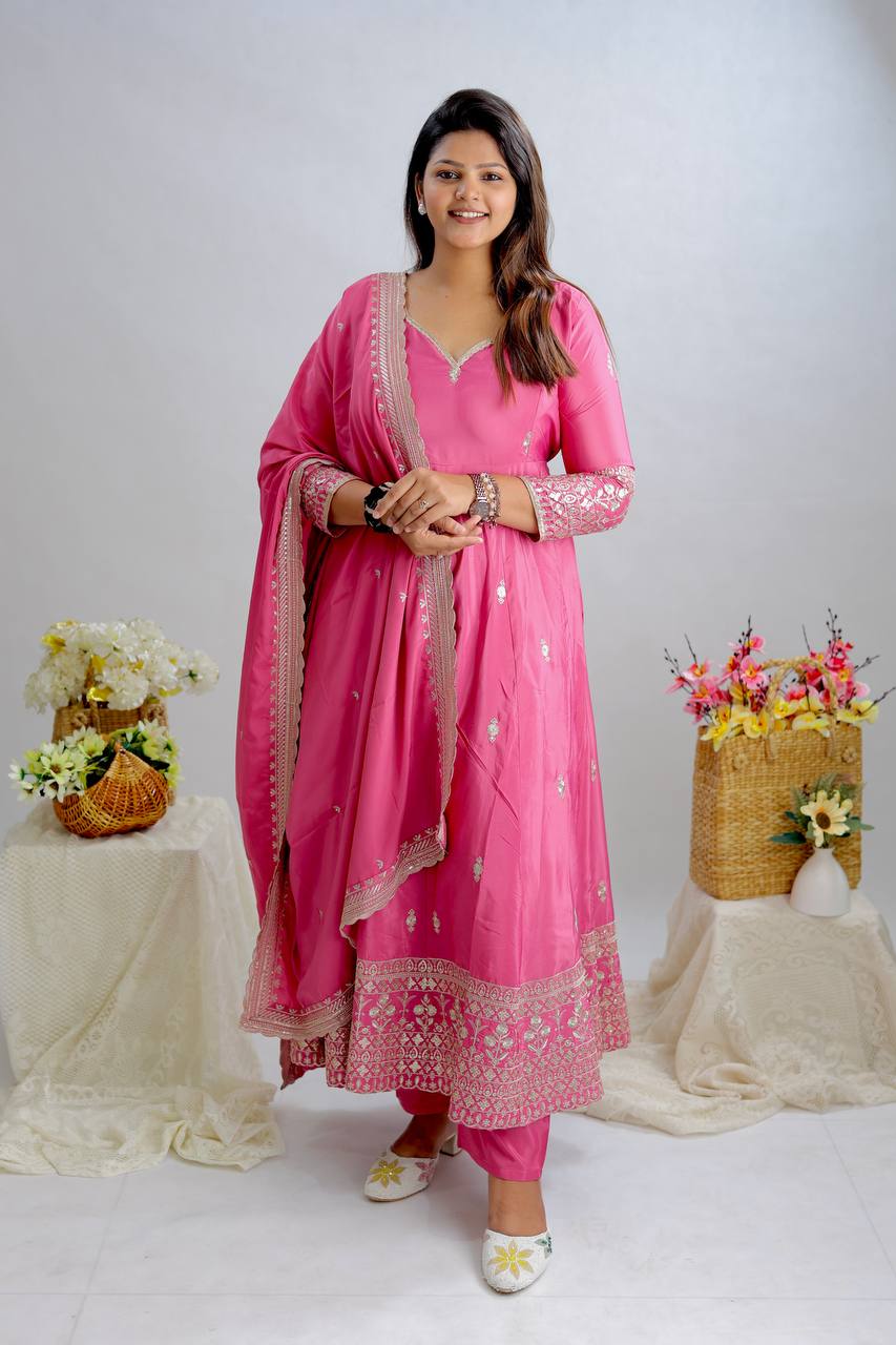Beautiful Pink Color Pure Natural Crepe with Heavy Embroidery Sequence Work Anarkali Gown