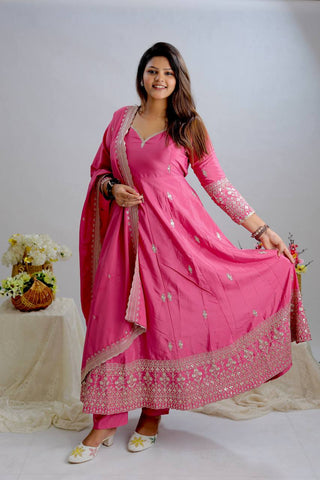 Beautiful Pink Color Pure Natural Crepe with Heavy Embroidery Sequence Work Anarkali Gown