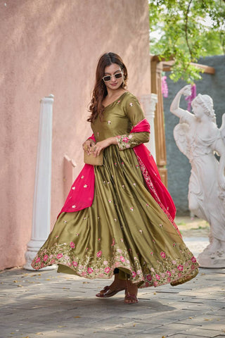 Party Wear Green Color Pure Rangoli Silk With Heavy Embroidery Sequence Work Beautiful Gown