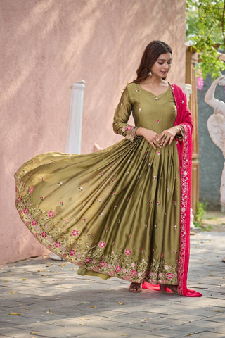Party Wear Green Color Pure Rangoli Silk With Heavy Embroidery Sequence Work Beautiful Gown