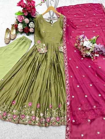 Party Wear Green Color Pure Rangoli Silk With Heavy Embroidery Sequence Work Beautiful Gown