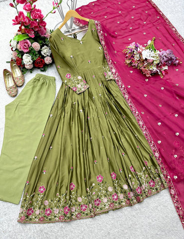 Party Wear Green Color Pure Rangoli Silk With Heavy Embroidery Sequence Work Beautiful Gown