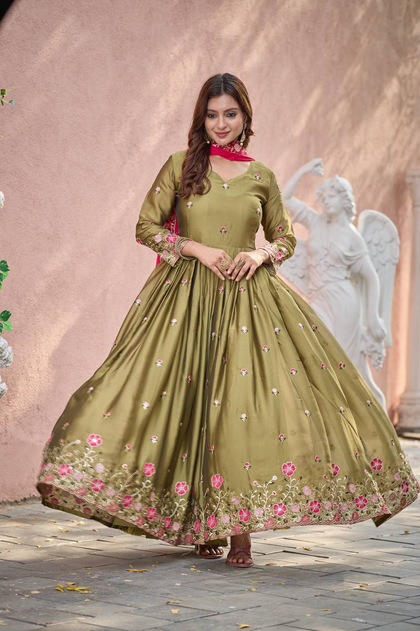Party Wear Green Color Pure Rangoli Silk With Heavy Embroidery Sequence Work Beautiful Gown