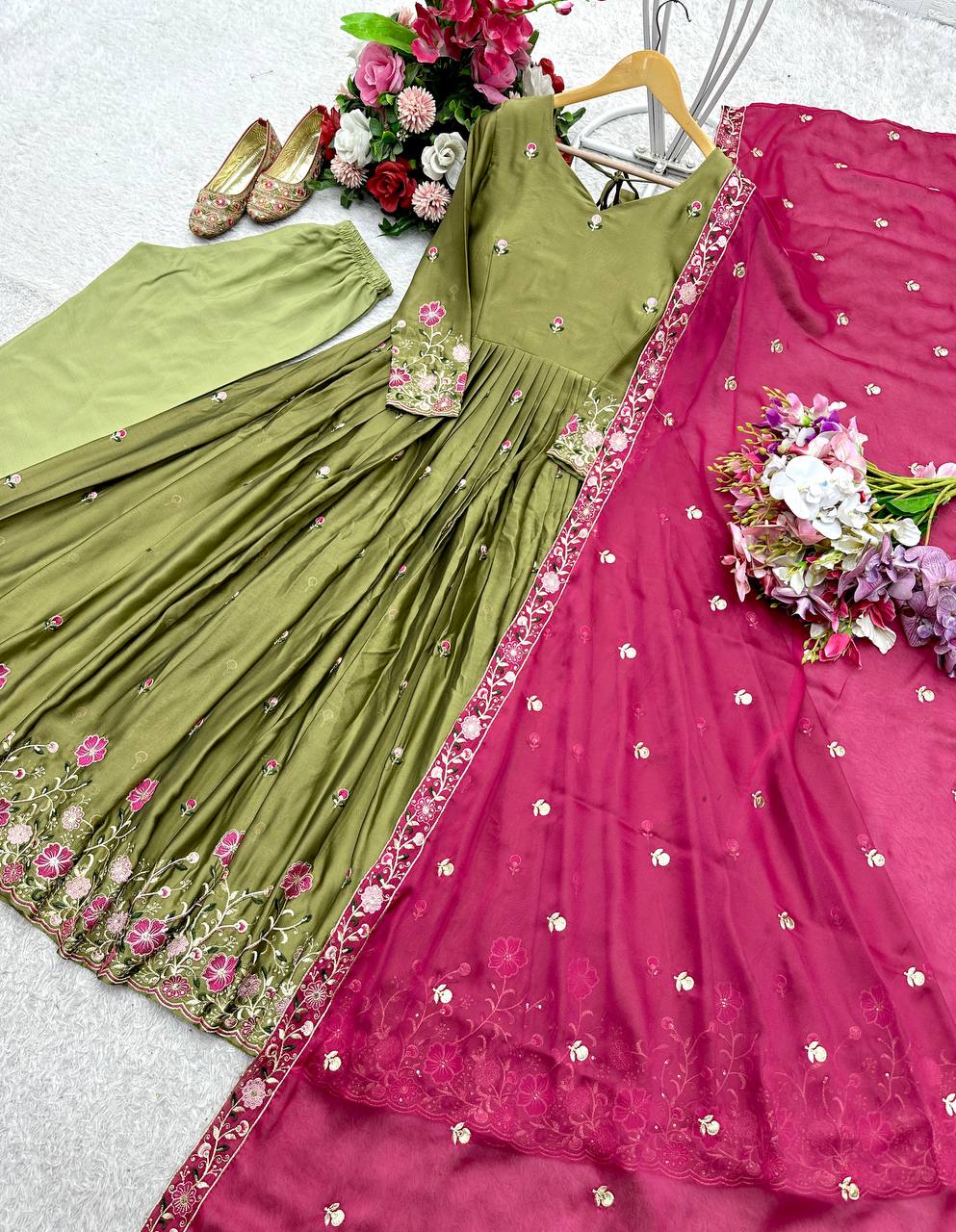 Party Wear Green Color Pure Rangoli Silk With Heavy Embroidery Sequence Work Beautiful Gown