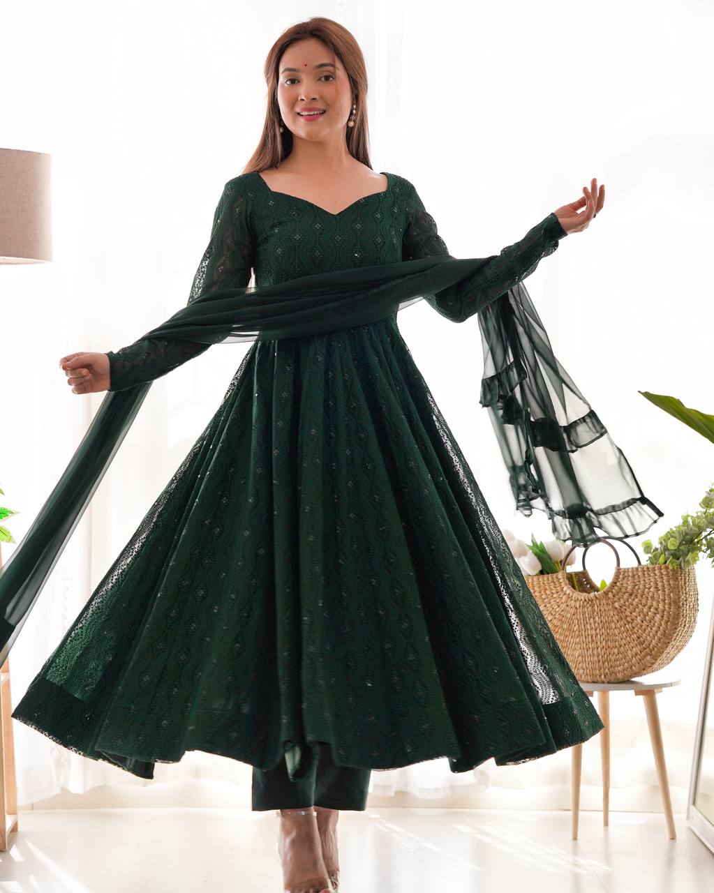 Function Wear Green Color Soft Faux Georgette With Lucknowi Sequin Work Anarkali Gown