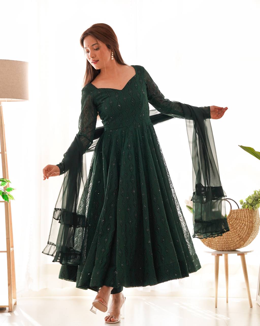 Function Wear Green Color Soft Faux Georgette With Lucknowi Sequin Work Anarkali Gown