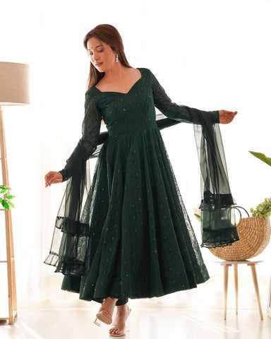 Function Wear Green Color Soft Faux Georgette With Lucknowi Sequin Work Anarkali Gown