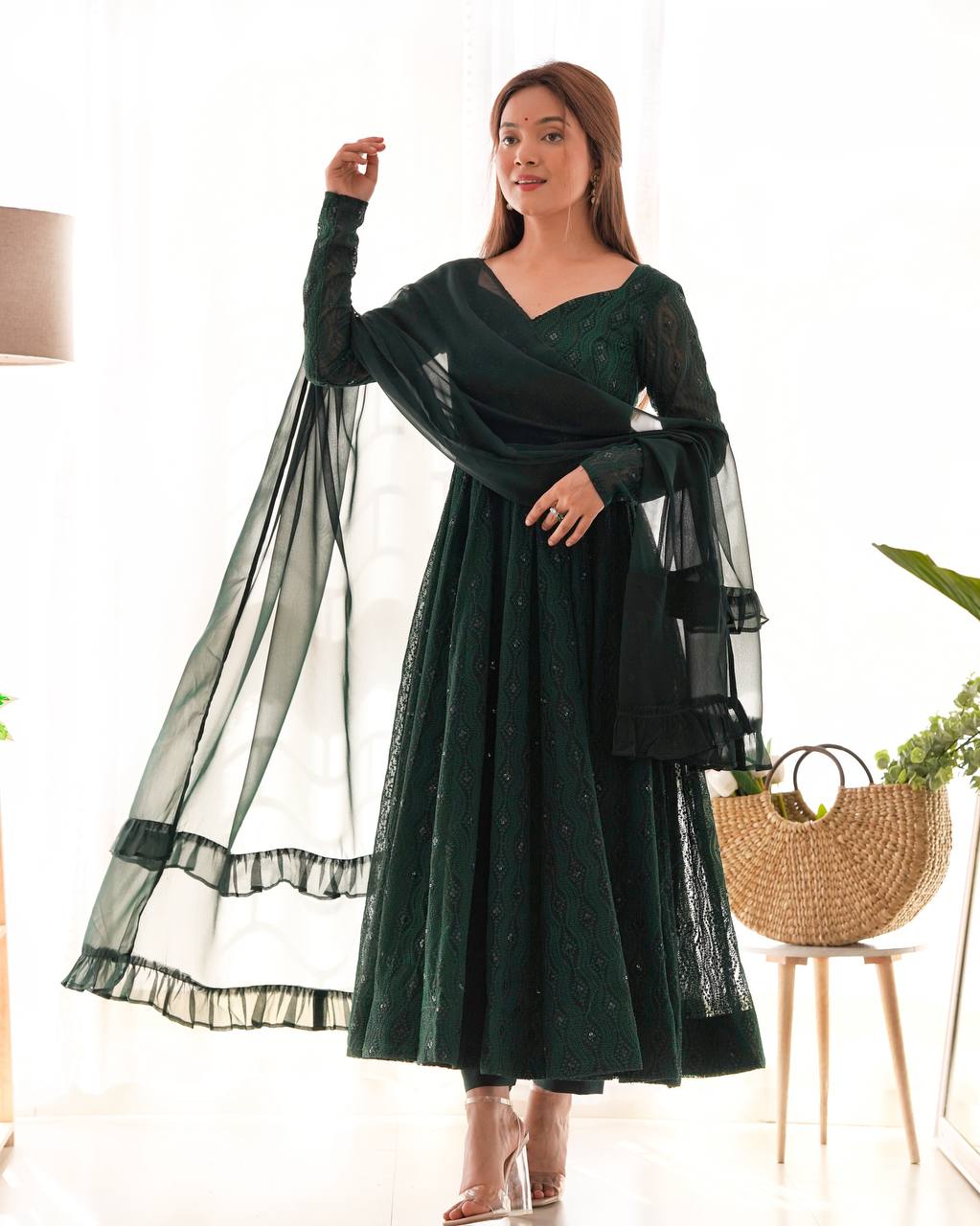 Function Wear Green Color Soft Faux Georgette With Lucknowi Sequin Work Anarkali Gown