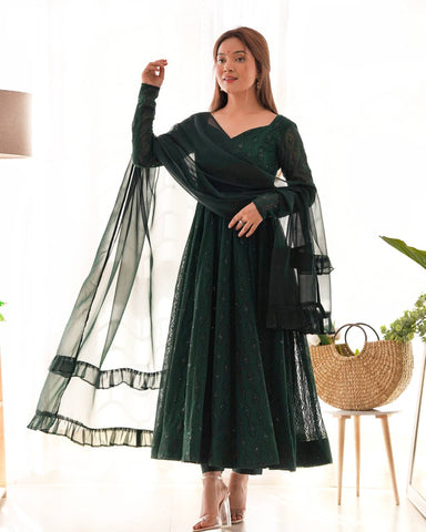 Function Wear Green Color Soft Faux Georgette With Lucknowi Sequin Work Anarkali Gown