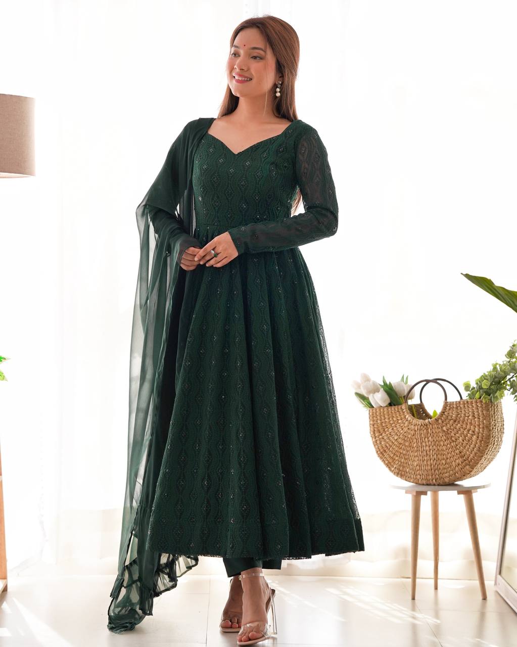 Function Wear Green Color Soft Faux Georgette With Lucknowi Sequin Work Anarkali Gown