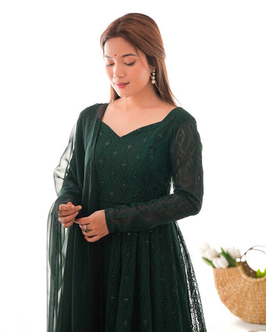 Function Wear Green Color Soft Faux Georgette With Lucknowi Sequin Work Anarkali Gown