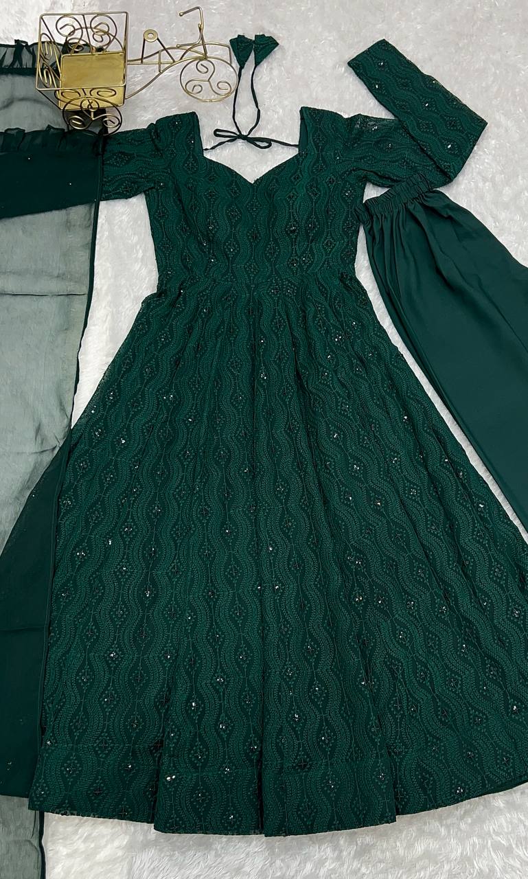 Function Wear Green Color Soft Faux Georgette With Lucknowi Sequin Work Anarkali Gown