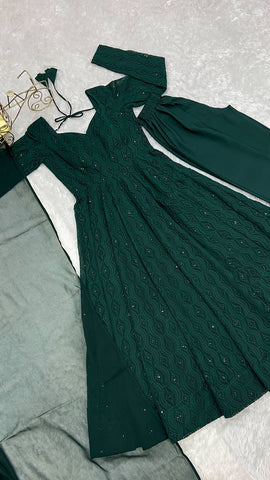 Function Wear Green Color Soft Faux Georgette With Lucknowi Sequin Work Anarkali Gown