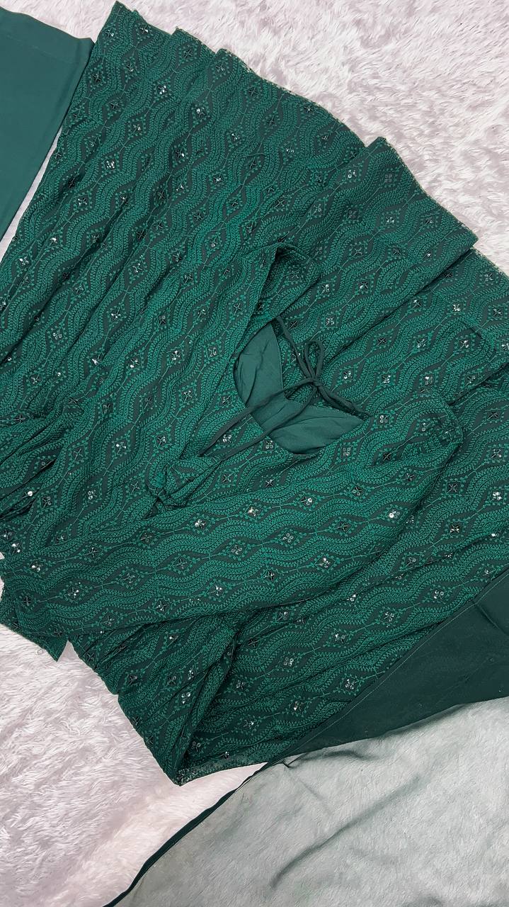 Function Wear Green Color Soft Faux Georgette With Lucknowi Sequin Work Anarkali Gown