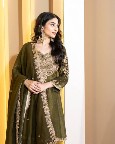 Party Wear Green Color Embroidery With Sequence Work Designer Sharara Suit