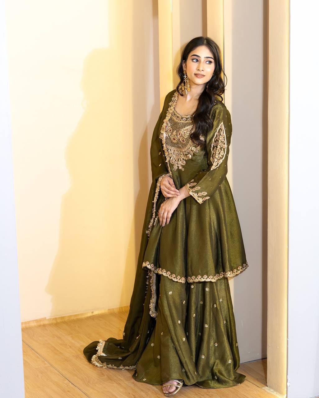 Party Wear Green Color Embroidery With Sequence Work Designer Sharara Suit