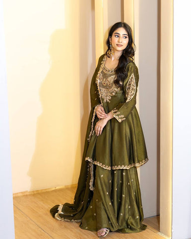 Party Wear Green Color Embroidery With Sequence Work Designer Sharara Suit
