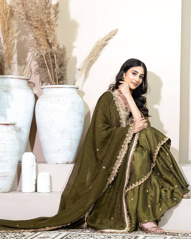 Party Wear Green Color Embroidery With Sequence Work Designer Sharara Suit
