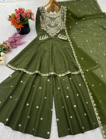 Party Wear Green Color Embroidery With Sequence Work Designer Sharara Suit