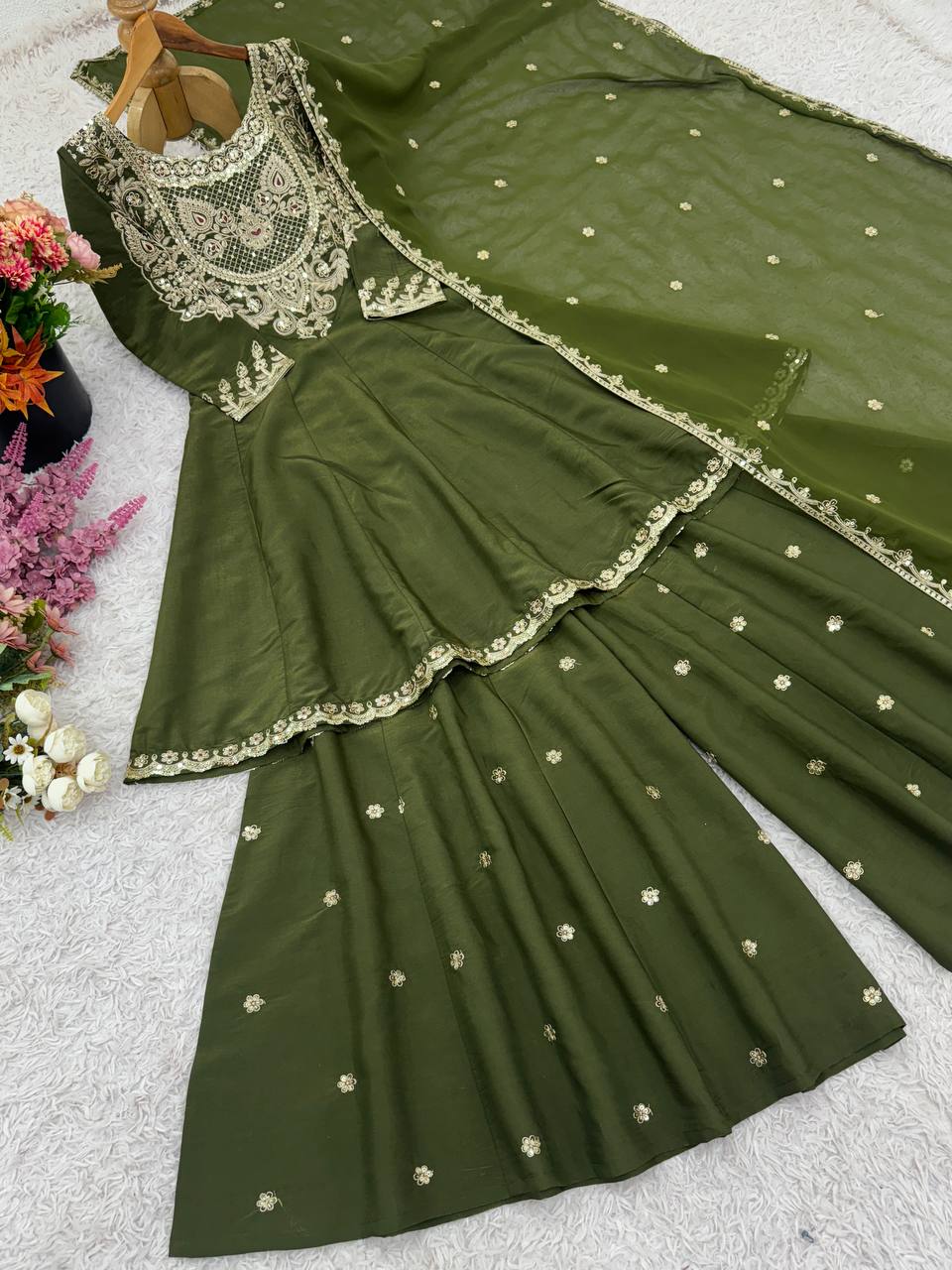 Party Wear Green Color Embroidery With Sequence Work Designer Sharara Suit