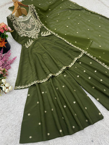 Party Wear Green Color Embroidery With Sequence Work Designer Sharara Suit