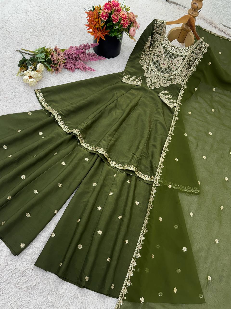 Party Wear Green Color Embroidery With Sequence Work Designer Sharara Suit