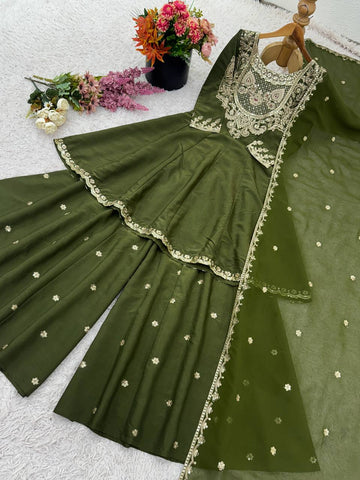 Party Wear Green Color Embroidery With Sequence Work Designer Sharara Suit