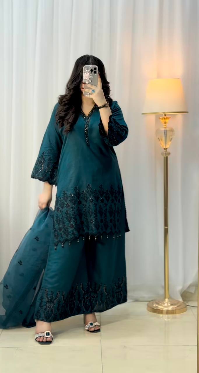 Function Wear Teal Green Color Vichitra Silk With Beautiful Embroidery Sequin Work Palazzo Suit