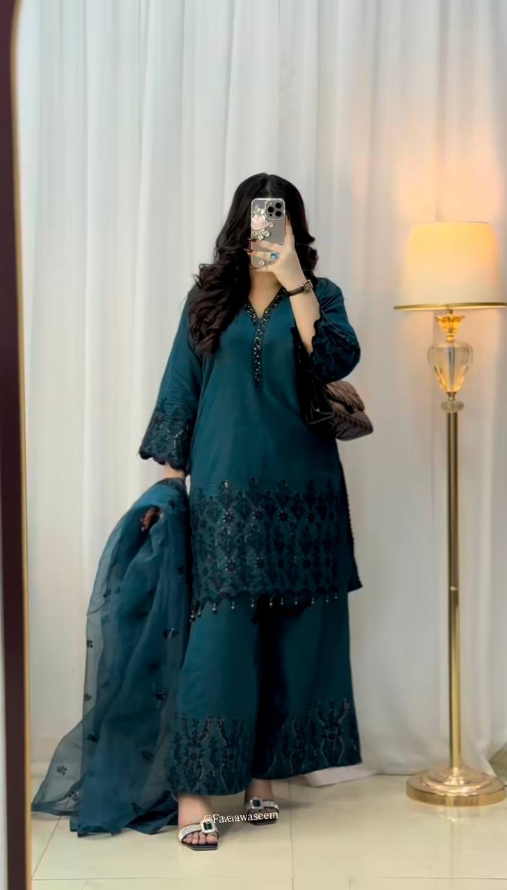 Function Wear Teal Green Color Vichitra Silk With Beautiful Embroidery Sequin Work Palazzo Suit