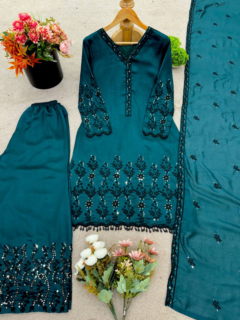 Function Wear Teal Green Color Vichitra Silk With Beautiful Embroidery Sequin Work Palazzo Suit