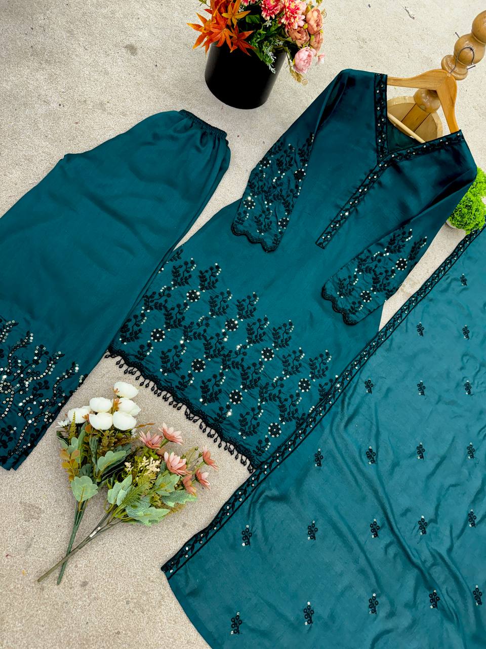 Function Wear Teal Green Color Vichitra Silk With Beautiful Embroidery Sequin Work Palazzo Suit