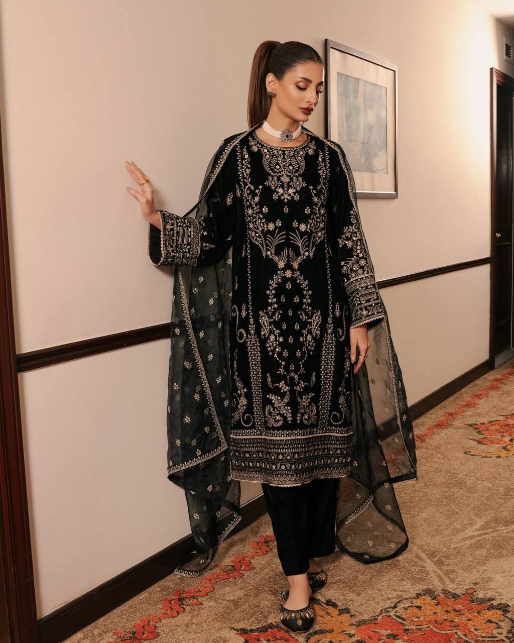 Latest Designer Black Color Heavy Natural Crepe Heavy Embroidered Sequin Work Salwar Suit
