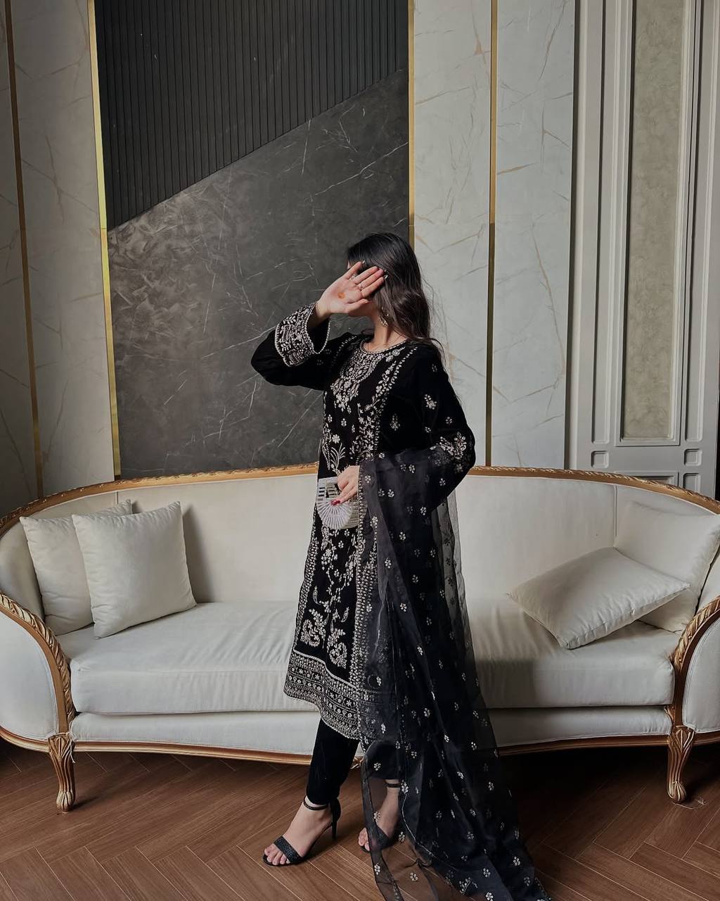 Latest Designer Black Color Heavy Natural Crepe Heavy Embroidered Sequin Work Salwar Suit