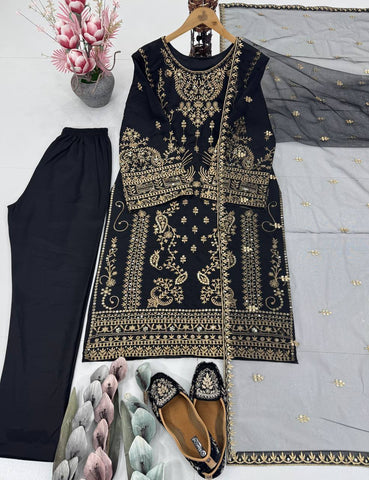 Latest Designer Black Color Heavy Natural Crepe Heavy Embroidered Sequin Work Salwar Suit
