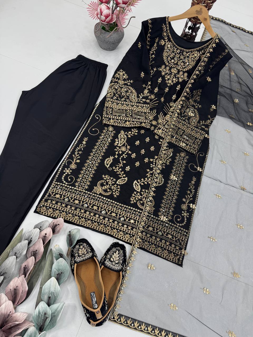 Latest Designer Black Color Heavy Natural Crepe Heavy Embroidered Sequin Work Salwar Suit