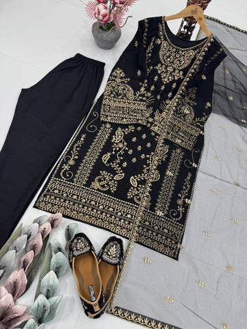 Latest Designer Black Color Heavy Natural Crepe Heavy Embroidered Sequin Work Salwar Suit