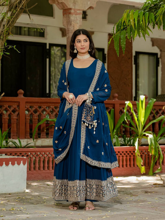 Wedding Wear Navy Blue Color Embroidery Work Beautiful Gown