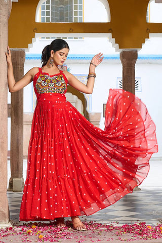 Red Color Bandhani Printed Gamathi Embroidery With Real Mirror Work Navratril Gown