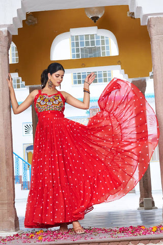 Red Color Bandhani Printed Gamathi Embroidery With Real Mirror Work Navratril Gown