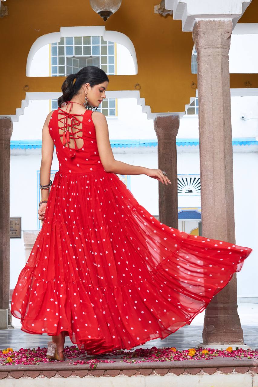 Red Color Bandhani Printed Gamathi Embroidery With Real Mirror Work Navratril Gown