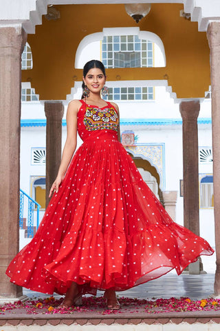 Red Color Bandhani Printed Gamathi Embroidery With Real Mirror Work Navratril Gown