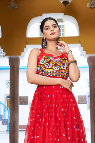 Red Color Bandhani Printed Gamathi Embroidery With Real Mirror Work Navratril Gown