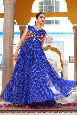 Blue Color Bandhani Printed Gamathi Embroidery With Real Mirror Work Navratril Gown